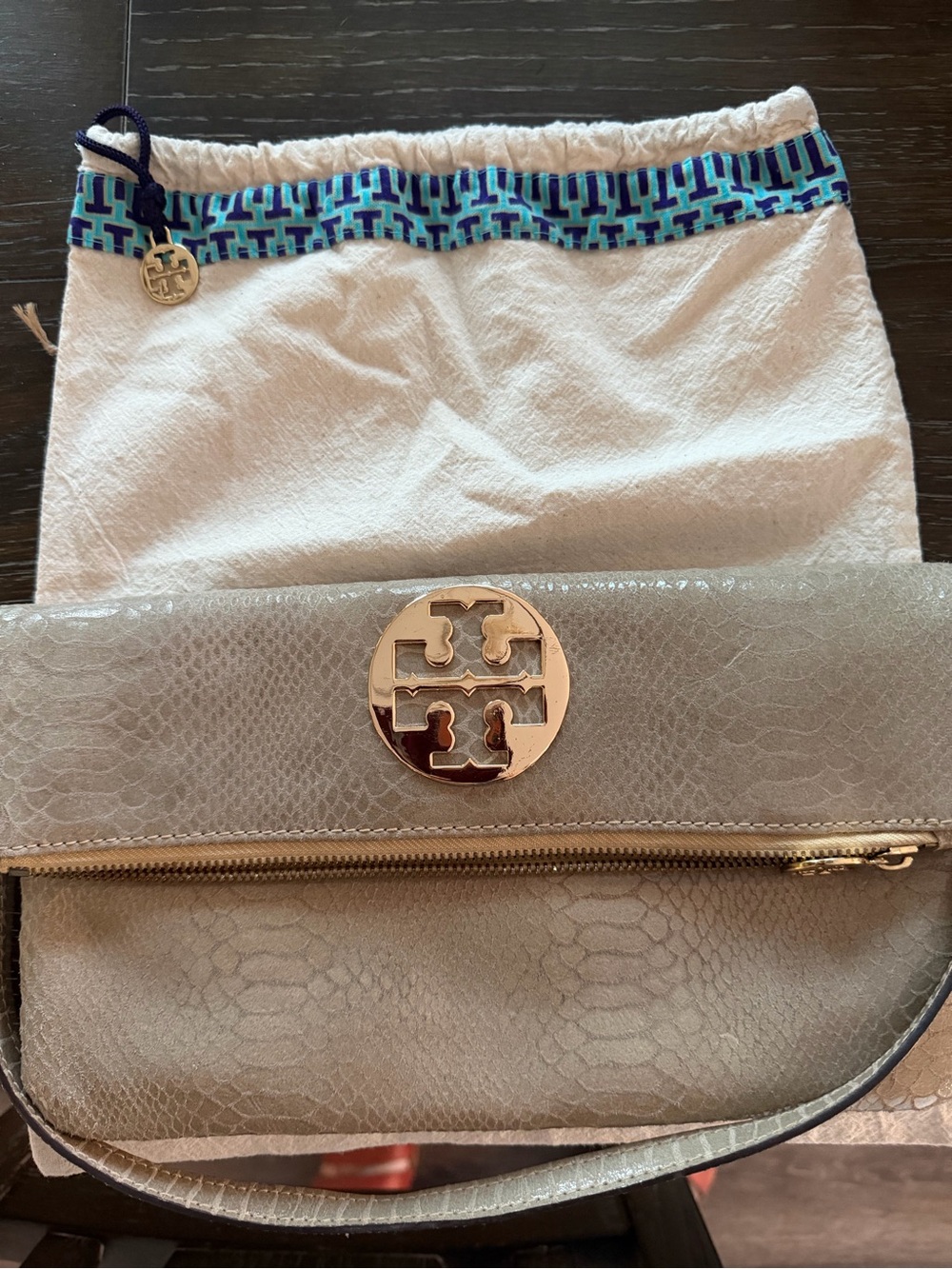 Tory Burch Ltd Ed Snakeskin-Embossed Leather Clutch with Logo Silky Lining